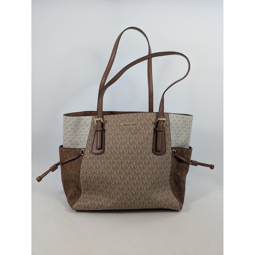 Michael Kors Voyager Tote Bag Brown Vanilla MK Monogram Signature Shoulder Bag